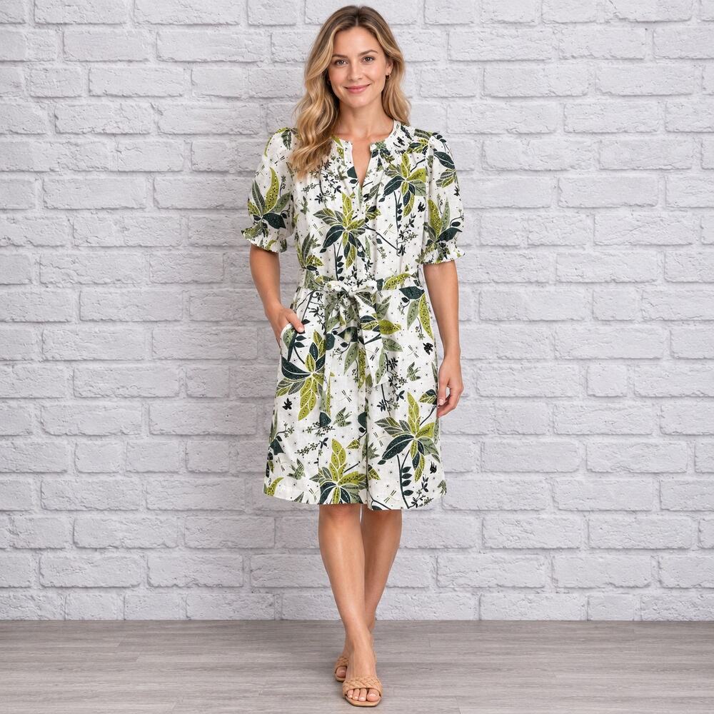 Boden Smocked Linen Shirt Dress Size 6 White Green Botanical Belt New